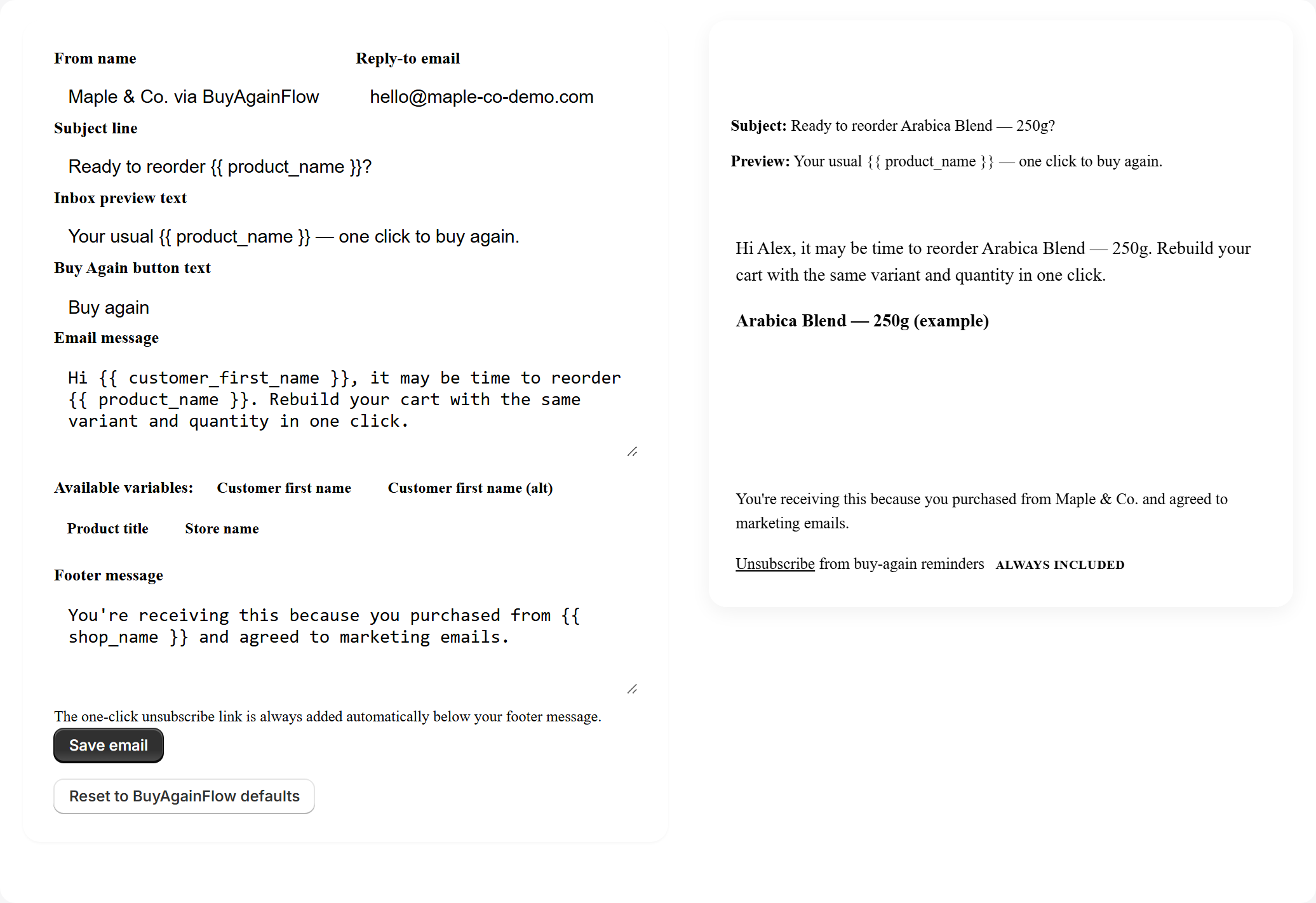BuyAgainFlow email editor and customer preview